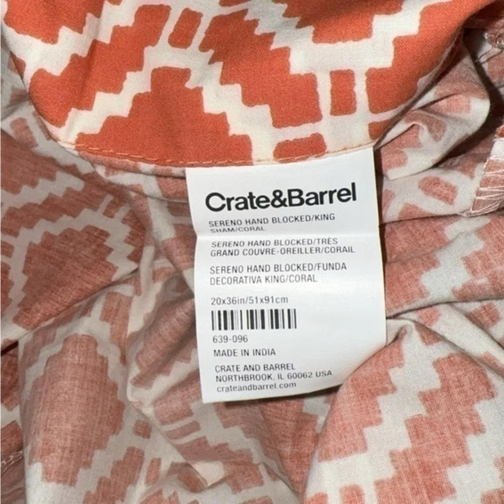Crate&Barrel Set of 2 Sereno‎ Hand Blocked Coral King Size Shams Pillow Covers